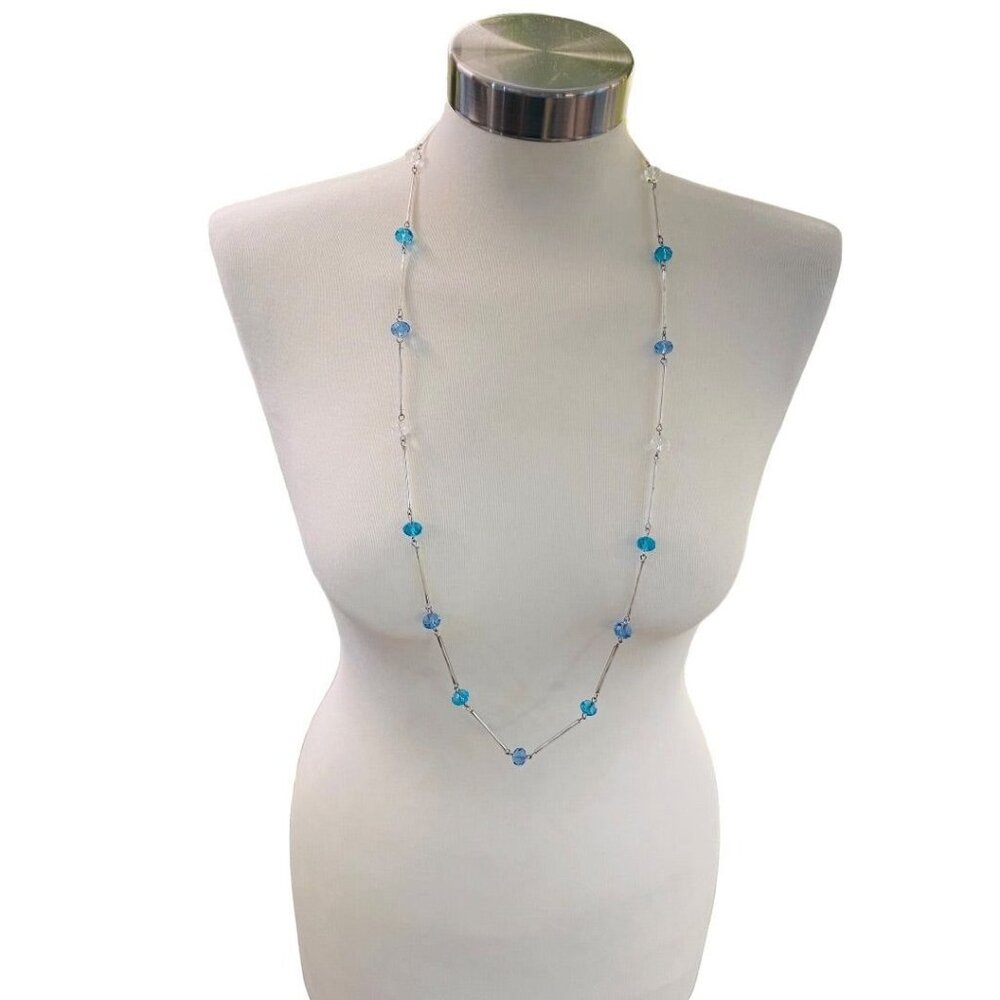 Silvertone Blue Aqua‎ Beaded Overhead 36" Strand String Necklace